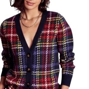 Boden Quinn Boyfriend Plaid Button Front Cardigan Womens M Navy Blue Red Multi